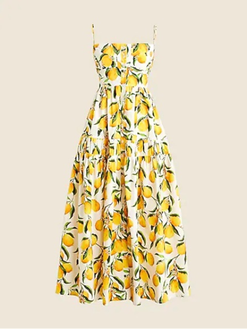 J. Crew Lemon-Print White and Yellow Tiered Maxi Dress with Spaghetti Straps